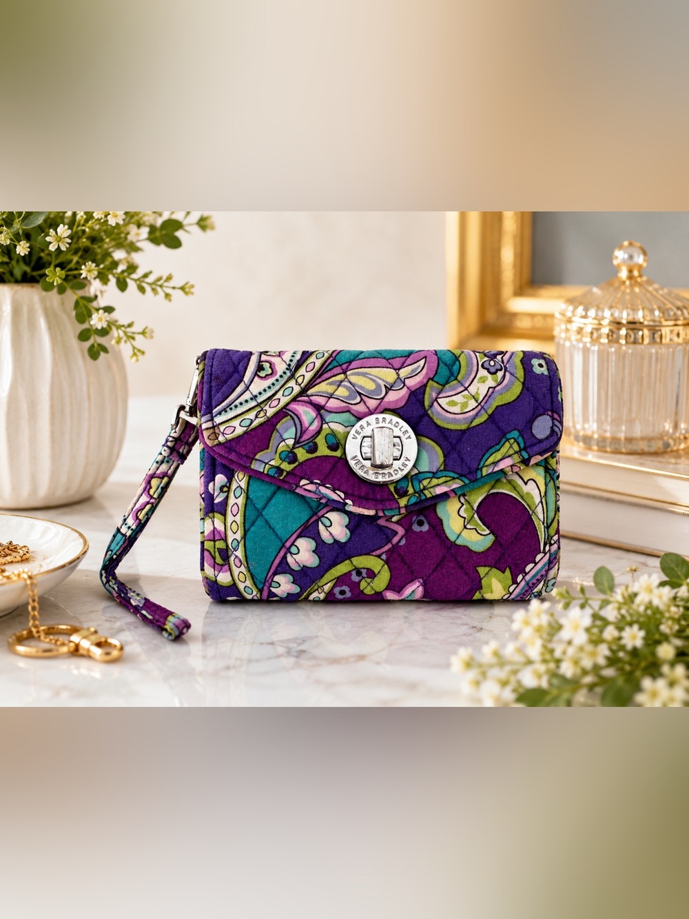 Vera Bradley Purple Teal Paisley Quilted Wristlet Retired Print